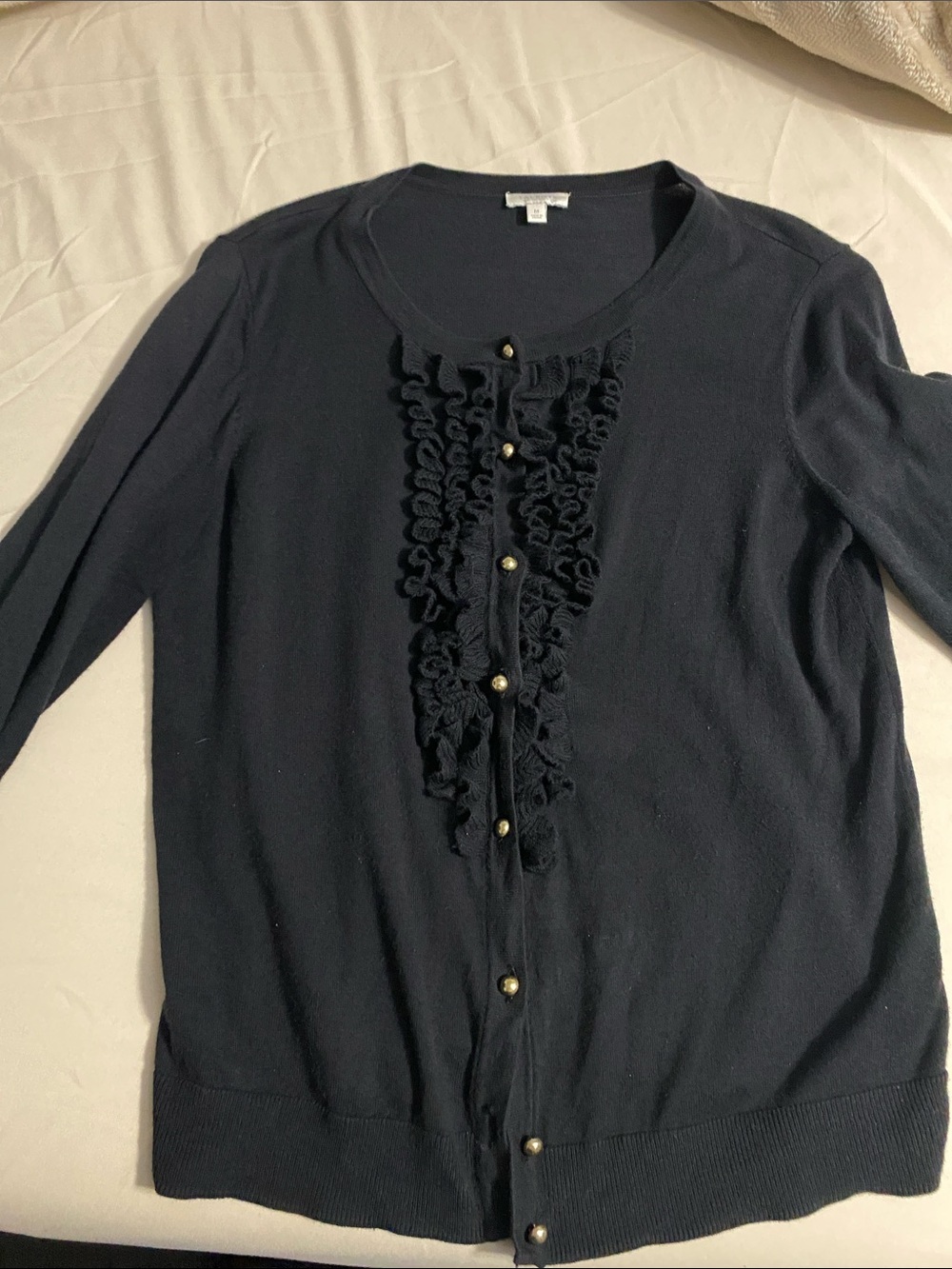 Talbots Black Ruffle-Front Cardigan with Gold Buttons